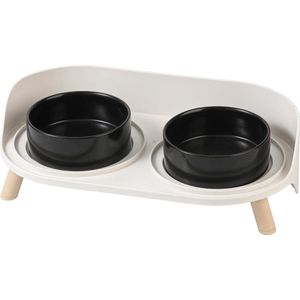 Kattenkom Set Kattenkom Verhoogd Keramiek - Dubbele Kattenkommen met Antislip Stand en Spatbescherming - Voerbak Kattenkom - Waterbak Voerbak Set voor Katten Puppies Kleine Honden - 2 x 480 ml