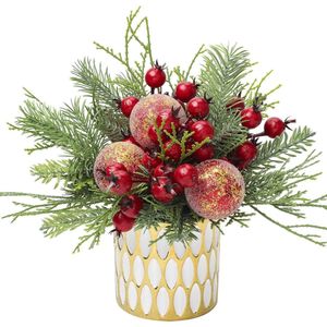 Kleine kerstboom 25 cm kunstmatige plant in keramische potten met rode kerstballen en bessen, mini kerstboom ornamenten kerstdecoraties voor thuis Nieuwjaar tafel centerpieces