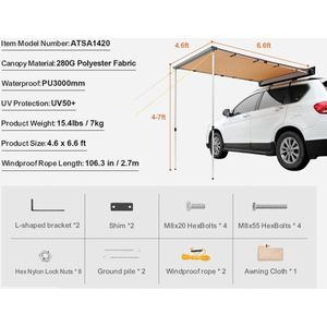 270° Luifel - Uitschuifbare - Autozijluifel - Waterdichte Dakluifel - voor SUV - Camper en Truck - 280G Polyester Stof - met PU3000mm Coating - 4.6x6.6ft