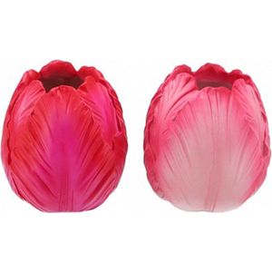 Cactula fuchsia roze en lichtroze vaas in de vorm van een tulpen kop klein 11 cm set van 2