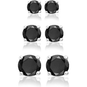 Silventi 929901016 Zilveren oorbellen - set van 3 paar oorknopjes - 3 verschillende maten - rond - zirkonia - zwart