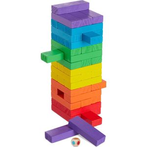 Relaxdays blokkenspel gekleurd - stapeltoren - houten toren spel - blokkentoren stapelspel