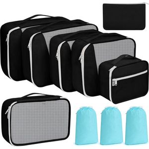 10-delige kofferorganizerset, verpakkingsblokjes voor kleding, inpakzakken voor koffer, reisorganisatorset met make-uptas, schoenentas, USB-kabeltas (zwart)