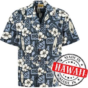 Hawaii Blouse Mannen - Shirt - Hemd - 100% Katoen - Overhemd Heren Korte Mouw - Made in Hawaii ""Hibiscus Surfboards"" Maat M