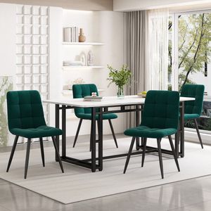 Sweiko 140x80cm zwarte eettafel met 4-stoelen set, moderne keuken eettafel set, donkergroene fluweel eetkamer stoelen, zwart ijzeren been tafel