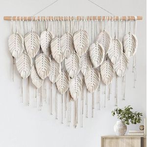 Groot Macramé Wandtapijt - Boho Blad Kwastje Tapijt - Esthetische Veer Chic Decor - Bohemian Muur Art - Slaapkamer Woonkamer Decoratie - Beige