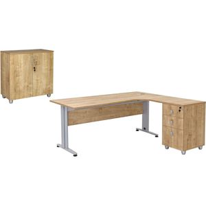 Furni24 Bureauset Dona saffier eiken decor, bestaande uit: bureau incl. container met 3 laden, hoek is rechts, archiefkast saffier eiken decor met 2 deuren en 1 plank