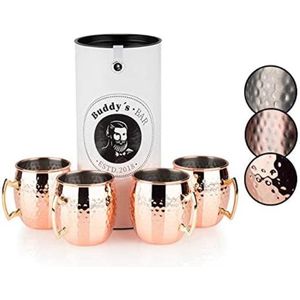 Moscow Mule Beker, 550 ml, hoogwaardige roestvrij stalen beker met koperen coating, geschikt voor levensmiddelen, hamerslag-effect, cocktailbeker inclusief geschenkdoos, gehamerd koper, Set van 4