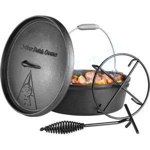 Wildor® Nederlandse Ovenpot Met Deksel - 8 Liter Gietijzeren pan - 4-8 personen - Incl. deksellifter en standaard - Stoofpot - Fonduepot - Platte bodem - Anti Hitte Spiraalvormig Handvat - Voor binnen en buiten - Braadpannen - Bakpan - Kookpan