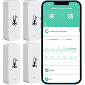 Draadloze Wifi Temperatuur- en Vochtigheidsmonitor met Afstandsbediening en App-meldingsalarm - 4 Stuks