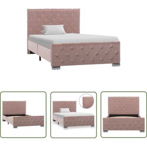 The Living Store Bedframe - Klassiek houten en stalen bedframe - 100x200cm - Roze fluweel