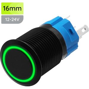 ProRide Metalen Pulsschakelaar 12V OFF-(ON) - 16mm - Momentschakelaar - Spatwaterdicht - 12V/24V - LED Indicatie Groen