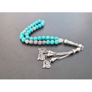 Handgemaakte naam tasbih 33 Kralen Natuursteen “Howliet groen ” - met metaal tassel “Harten""- Met je naam of de naam van uw geliefde- 8 mm diameter van de korrel
