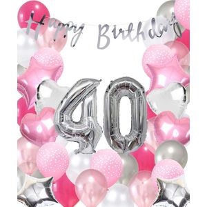Snoes Ballonnen 40 Jaar Pink Blush Silver Mega Ballon - Compleet Feestpakket 40 Jaar - Verjaardag Versiering Slinger Happy Birthday – Folieballon – Latex Ballonnen - Helium Ballonnen - Zilver en Roze Verjaardag Decoratie