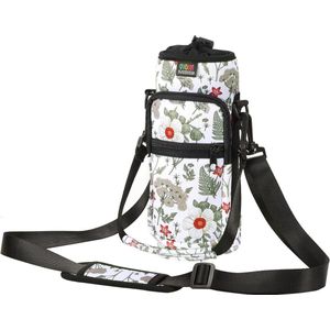Water Bottle Carrier Bag - Adjustable Shoulder Hand Strap - 2 Pocket Sling Neoprene Sleeve - Sports Water Bottle Accessories - Hiking Travelling Camping - White Hibiscus bottle bag