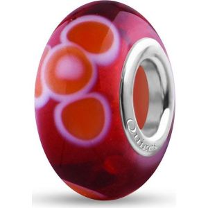 Quiges - Glazen - Kraal - Bedels - Beads Rood met Oranje Witte Bloemen Past op alle bekende merken armband NG542