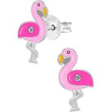 Zilveren oorbellen meisje | Oorbellen kind | Zilveren oorstekers, roze flamingo met kristal