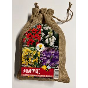 Happy Bee Red - bijenmengsel 50 bloembollen in jute cadeau verpakking - tulpen en krokus - bijen - vlinders