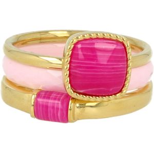 My Bendel - Goudkleurige ringenset met Rose Stripe Agate edelsteen - Zomerse kleurrijke ringen set met Rose Stripe Agate edelsteen en roze keramieken ring - Met luxe cadeauverpakking