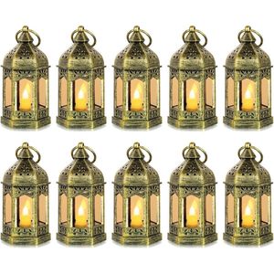 Gouden Lantaarns voor Bruiloft en Feestdecoratie - Set van 10 Mini-Lantaarns met LED Kaarsen