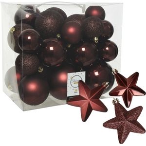 Kerstballen en sterren ornamenten - set 32x stuks - kunststof - mahonie bruin
