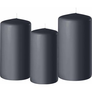 Set van 3x stuks donkergrijze stompkaarsen 10-12-15 cm met diameter 6 cm - Sfeer kaarsen voor binnen