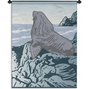 Wandkleed Zeeleeuw illustratie - Een illustratie van een zeeleeuw op de rotsen Wandkleed katoen 90x120 cm - Wandtapijt met foto