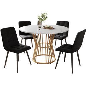 Merax Eettafel Set – 5-delige Eethoek – Ronde Eettafel Ø100 cm met 4 Eetkamerstoelen – Wit MDF Tafelblad met Marmerlook – Gouden Metalen Poten – Zwart Fluwelen Stoelen