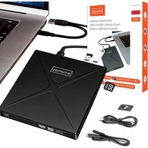 Zenwire 4in1 Externe dvd speler & brander voor laptop - iOS en Windows - Met USB-hub - Plug & Play - Optical Drive - USB 3.0 en USB-C