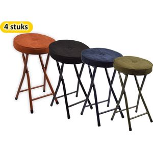 Set van 4 Premium Klapstoelen met 45 cm Zithoogte en Ribcord Fluwelen Bekleding in Cognac, Groen, Zwart en Blauw