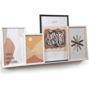 Een slanke wandplank voor foto's, afbeeldingen en boeken. Modern en minimalistisch ontwerp. Gemaakt van metaal. 90x6cm. witte kleur