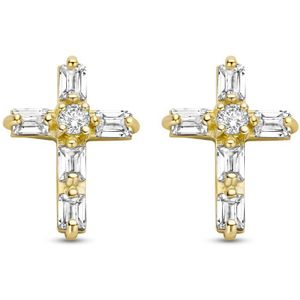 New Bling 9NBG-0274 Gouden Oorknopjes - Dames - Kruis - Bezet met Zirkonia - 10,1 x 7,6 mm - 14 Karaat - Goud