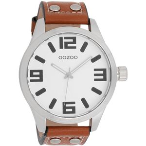 OOZOO Timepieces - Zilverkleurige horloge met cognac leren band - C1001