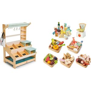 Tender Leaf houten marktkraam inclusief groente, fruit, vlees en vis producten en weegschaal - zeer complete speelset - 57 x 83 cm