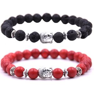 Kralen armband buddha / boedha bedel - Armband dames / heren / unisex - Natuursteen kralen bandje - Elastiek 19 cm - 8mm stenen - Armbandenset (2 stuks) - Vulkanisch zwart & rood