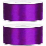 2x Hobby/decoratie paarse satijnen sierlinten 2,5 cm/25 mm x 25 meter - Cadeaulinten satijnlinten/ribbons - Paarse linten - Hobbymateriaal benodigdheden - Verpakkingsmaterialen