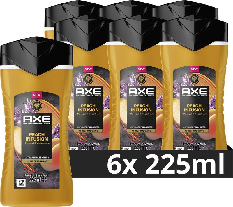 AXE Fine Fragrance Collection Douchegel - Peach Infusion - met de geur van patchoeli en amber - 6 x 225 ml