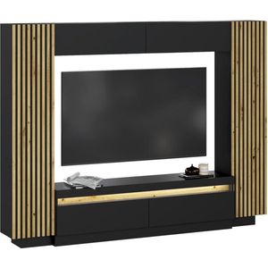 Tv-wand met opbergruimte - Ledverlichting - zwart en naturel - LIONEA L 272.6 cm x H 209.6 cm x D 36.2 cm