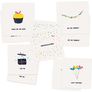 VERJAARDAGSKAARTEN - Set 10 luxe verjaardagskaarten - inclusief envelop - wenskaarten - ansichtkaarten - slingers - taart - hoera -felicitatie - 5 verschillende designs
