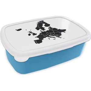 Broodtrommel Blauw - Lunchbox - Brooddoos - Kaart Europa - Aquarelverf - Zwart - 18x12x6 cm - Kinderen - Jongen