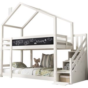 Kinderbed boomhut met schoorsteen & opberger en valbeveiliging 90 x 200 cm, hoogslaper voor kinderen inclusief plank - 2x lattenbodem - wit (zonder matras)