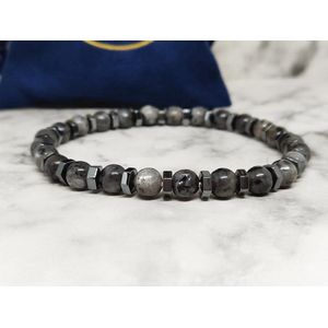 Mei's | Black Glitter Stone & Nut armband | armband mannen / sieraad mannen | Edelsteen / Zwarte glitter steen / Stainless Steel / 316L Roestvrij staal / Chirurgisch Staal | grijs / polsmaat 18 cm