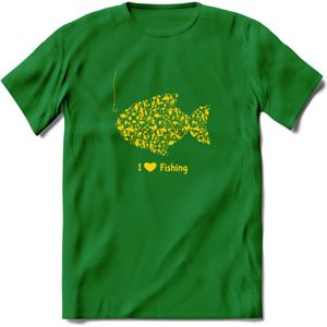 I Love Fishing - Vissen T-Shirt | Geel | Grappig Verjaardag Vis Hobby Cadeau Shirt | Dames - Heren - Unisex | Tshirt Hengelsport Kleding Kado - Donker Groen - XL