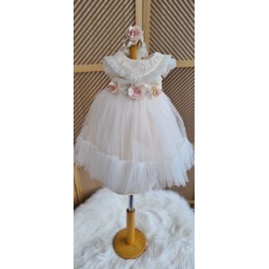 luxe feestjurk-bruidsjurk-doopjurk-vintage jurk-tule jurk -doopsel-bruiloft-fotoshoot-ivoor kleur -haarband-6 maanden-maat 68