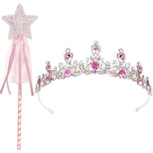 Prinses tiara en toverstaf set voor meisjes - kristallen kroon haaraccessoires - verjaardag cadeau voor meisjes 4-12 jaar