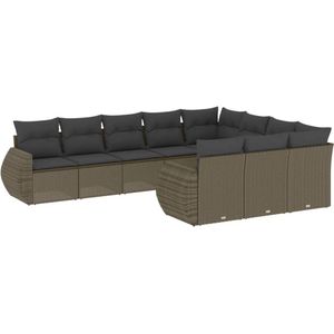 The Living Store 10-delige Loungeset met kussens poly rattan lichtgrijs - Loungebank - Tuinset - Lounge Set - Buitendecoratie - Tuinmeubels