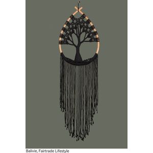 Balivie - Wandkleed - Macramé - Tree of Life - Hand geknoopt katoen binnen een frame van Rotan in druppel vorm - Zwart - B 43 cm D 2.5 cm L 150 cm