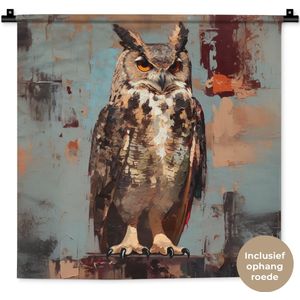 Wandkleed 60x60 cm - Wanddoek Geschilderd - Abstract - Uil - Bruin - Wandtapijt - Wandkleden
