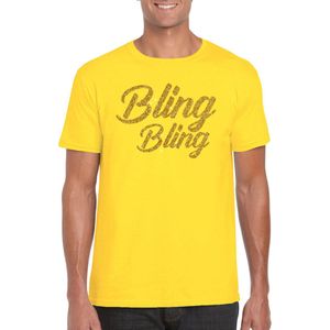 Bellatio Decorations Glitter glamour feest t-shirt heren - bling bling goud - geel - feestkleding L