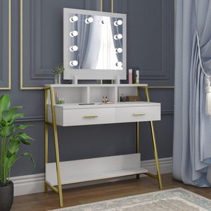 Kaptafel met Spiegel Make-up Kaptafel met 10 Lampen Cosmetische Make-uptafel met Lades Moderne Wit en Goud